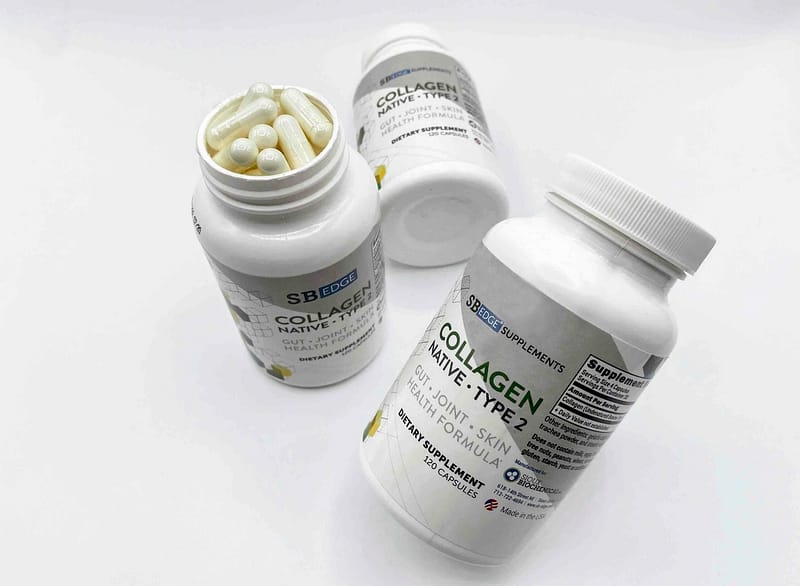 3 Collagen bottles with one open